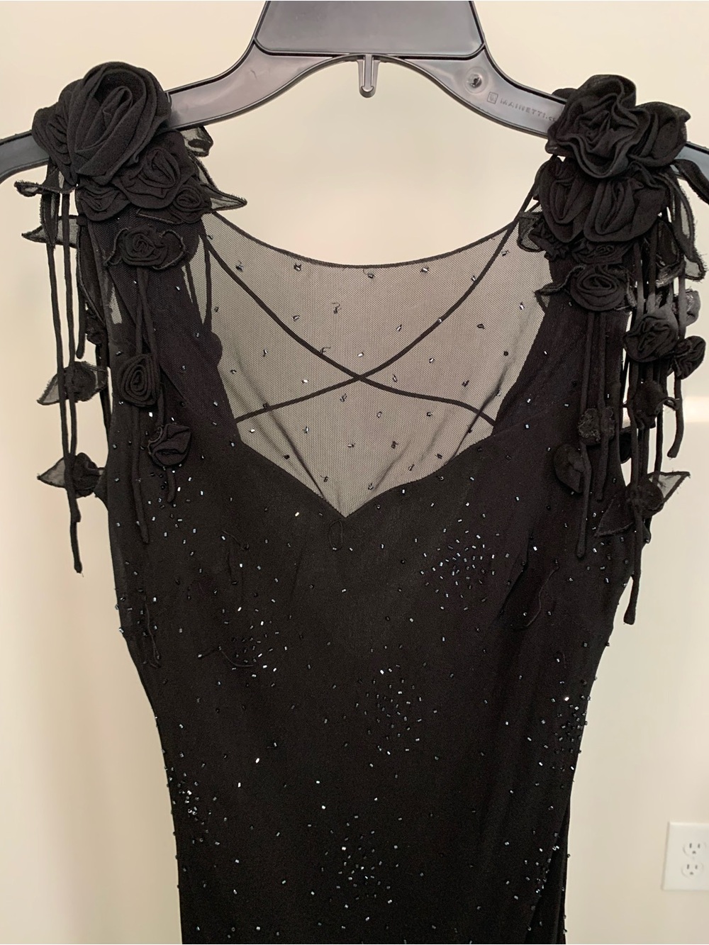 Sue Wong Black Beaded Maxi Dress with Floral Shoulder Appliqués - Picture 4 of 12